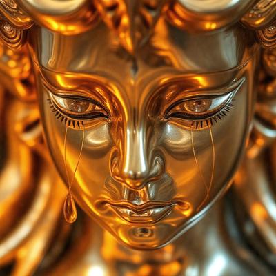 The primary subject of the image is a gold statue of a woman with a tear in her eye. The setting is a room with a gold background, and the visual style is a close-up of the statue. The colors and mood of the image are warm and emotional, with the gold statue evoking a sense of elegance and sadness.